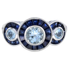 Aquamarine Sapphire Diamond Art Deco Style Three Stone Ring in 18k White Gold