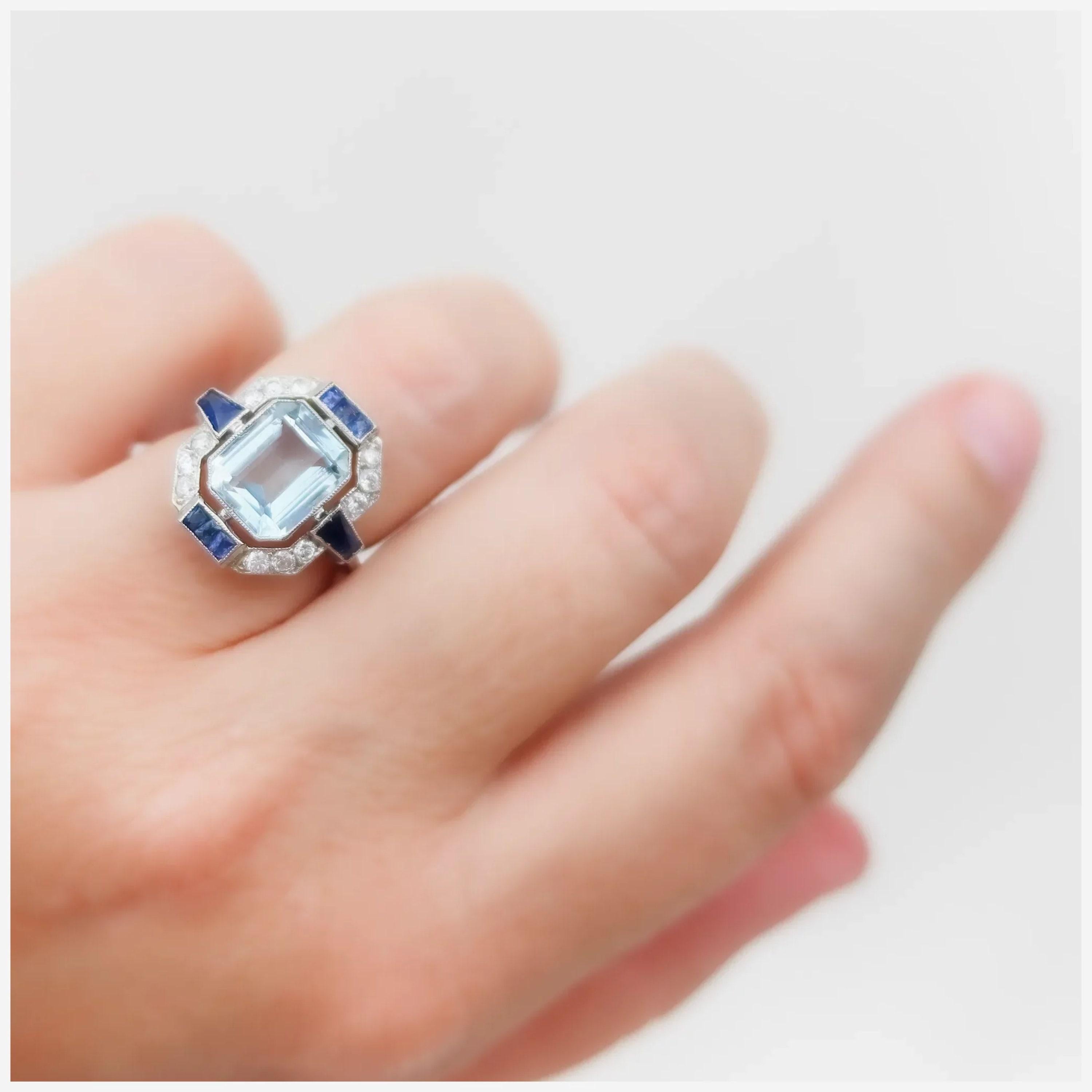For Sale:  Art Deco 3 CT Certified Natural Aquamarine Diamond Cocktail Ring in 18K Gold 5