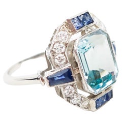 Art Deco 3 CT Certified Natural Aquamarine Diamond Cocktail Ring in 18K Gold