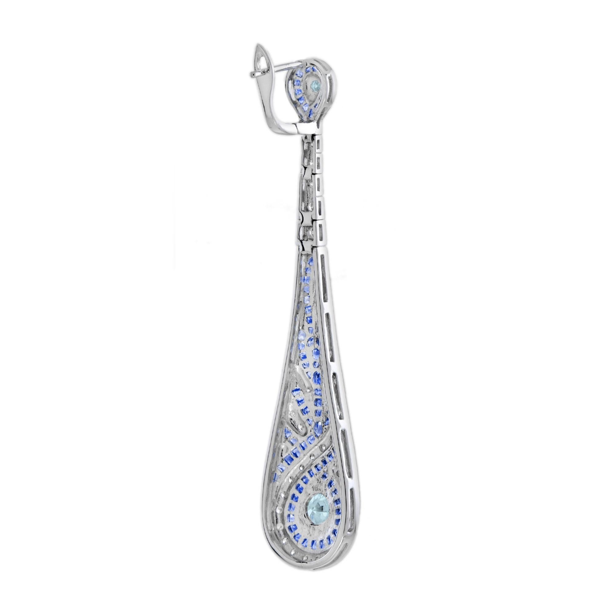 Aquamarine Sapphire Diamond Swirl Art Deco Style Dangle Earrings in White Gold In New Condition For Sale In Bangkok, TH