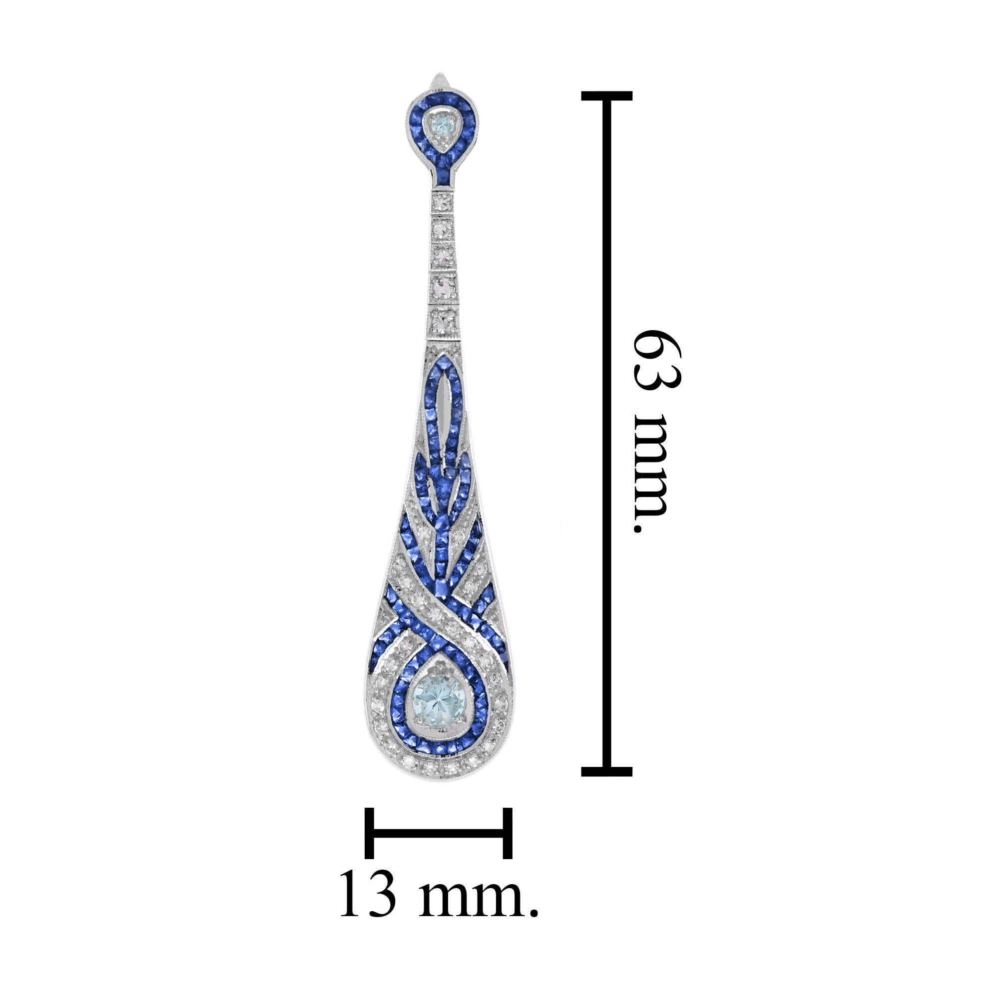 Women's Aquamarine Sapphire Diamond Swirl Art Deco Style Dangle Earrings in White Gold For Sale