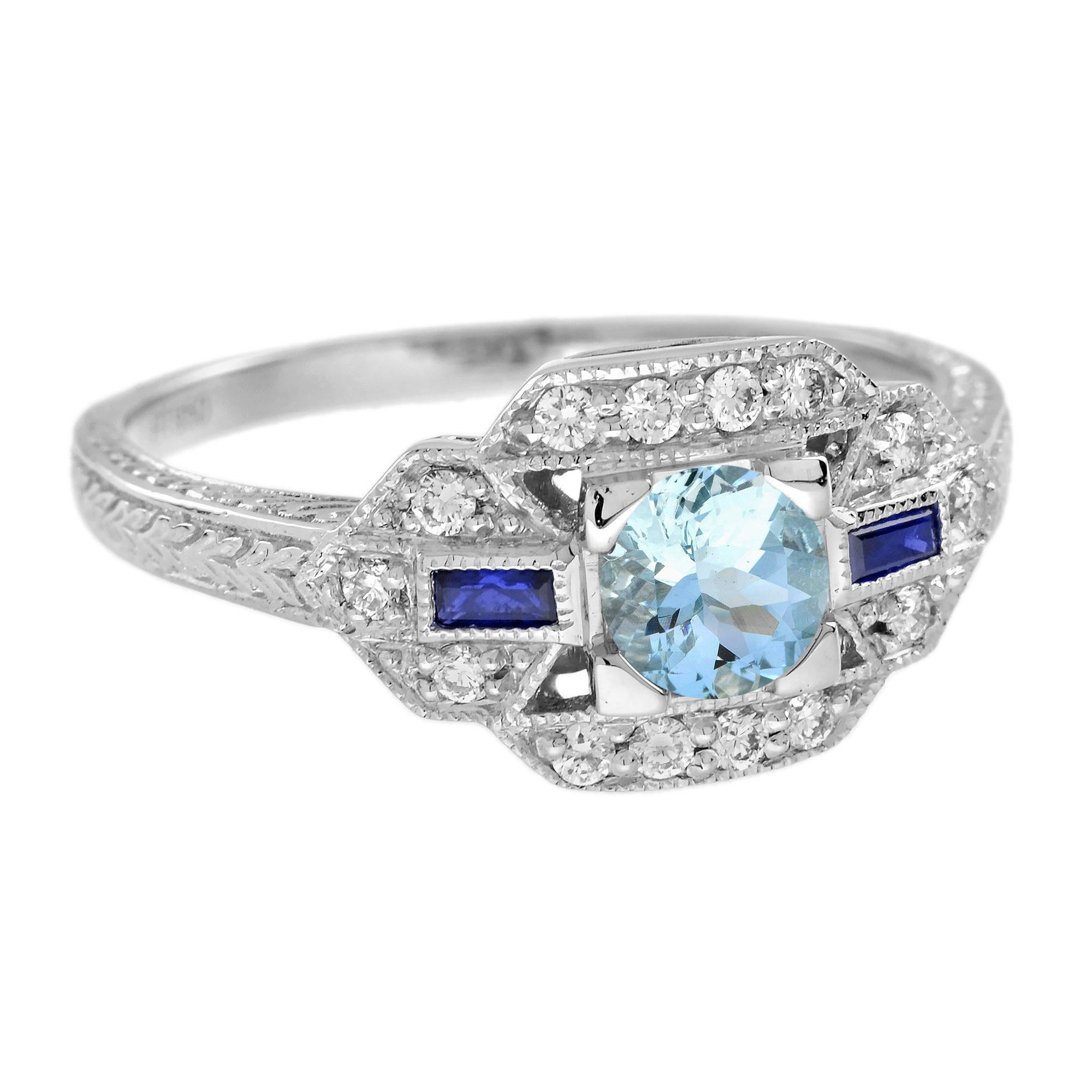Round Cut Aquamarine Sapphire Diamond White Art Deco Style Ring in 18K White Gold For Sale