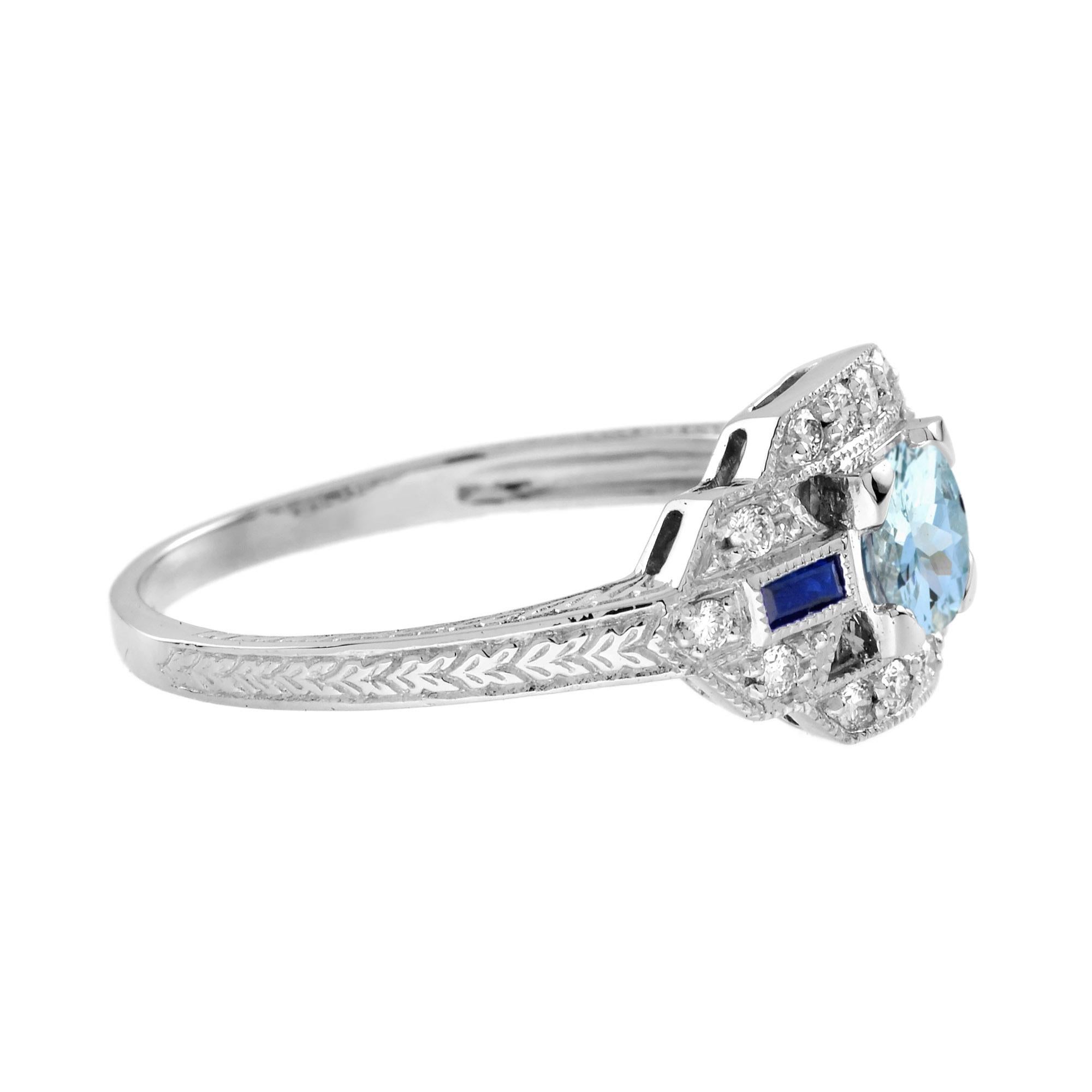 Aquamarine Sapphire Diamond White Art Deco Style Ring in 18K White Gold In New Condition For Sale In Bangkok, TH