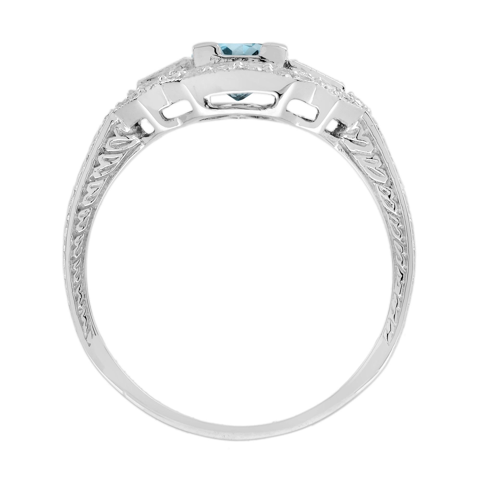 Aquamarine Sapphire Diamond White Art Deco Style Ring in 18K White Gold For Sale 1