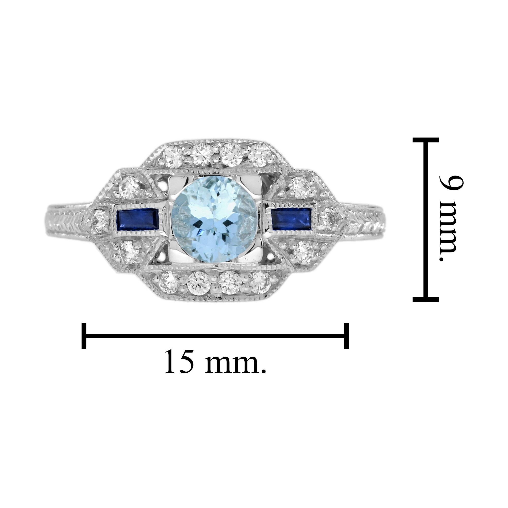 Aquamarine Sapphire Diamond White Art Deco Style Ring in 18K White Gold For Sale 2