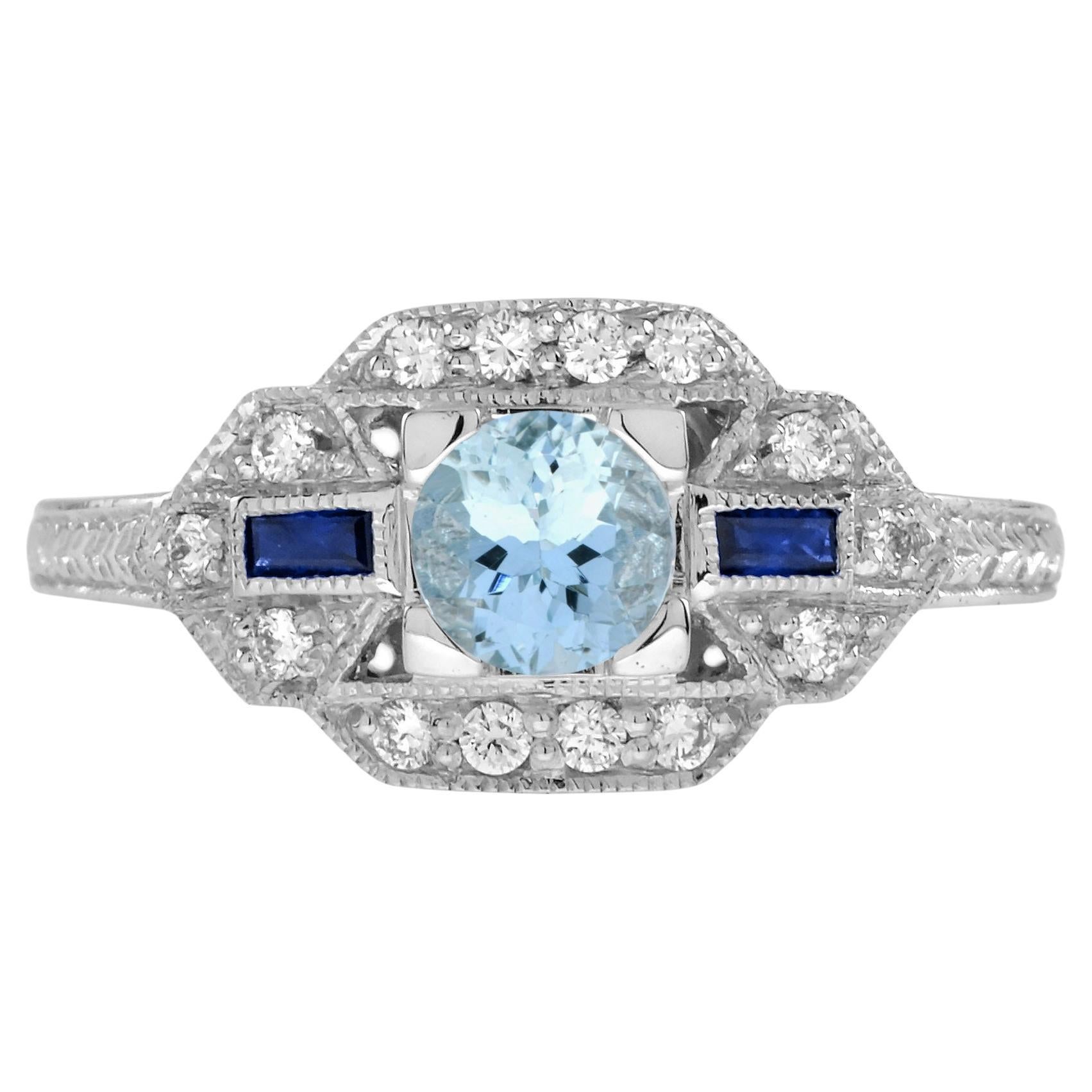 Aquamarine Sapphire Diamond White Art Deco Style Ring in 18K White Gold