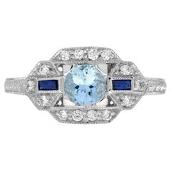 Anello in stile Art Deco con diamante e zaffiro acquamarina in oro bianco 18 carati