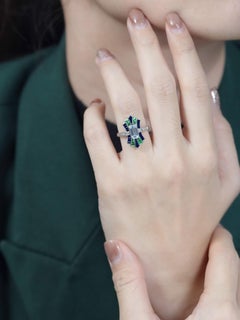 Aquamarine Sapphire Emerald Diamond Art Deco Style Engagement Ring in 14K Gold