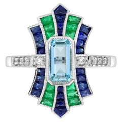 Aquamarine Sapphire Emerald Diamond Art Deco Style Engagement Ring in 14K Gold