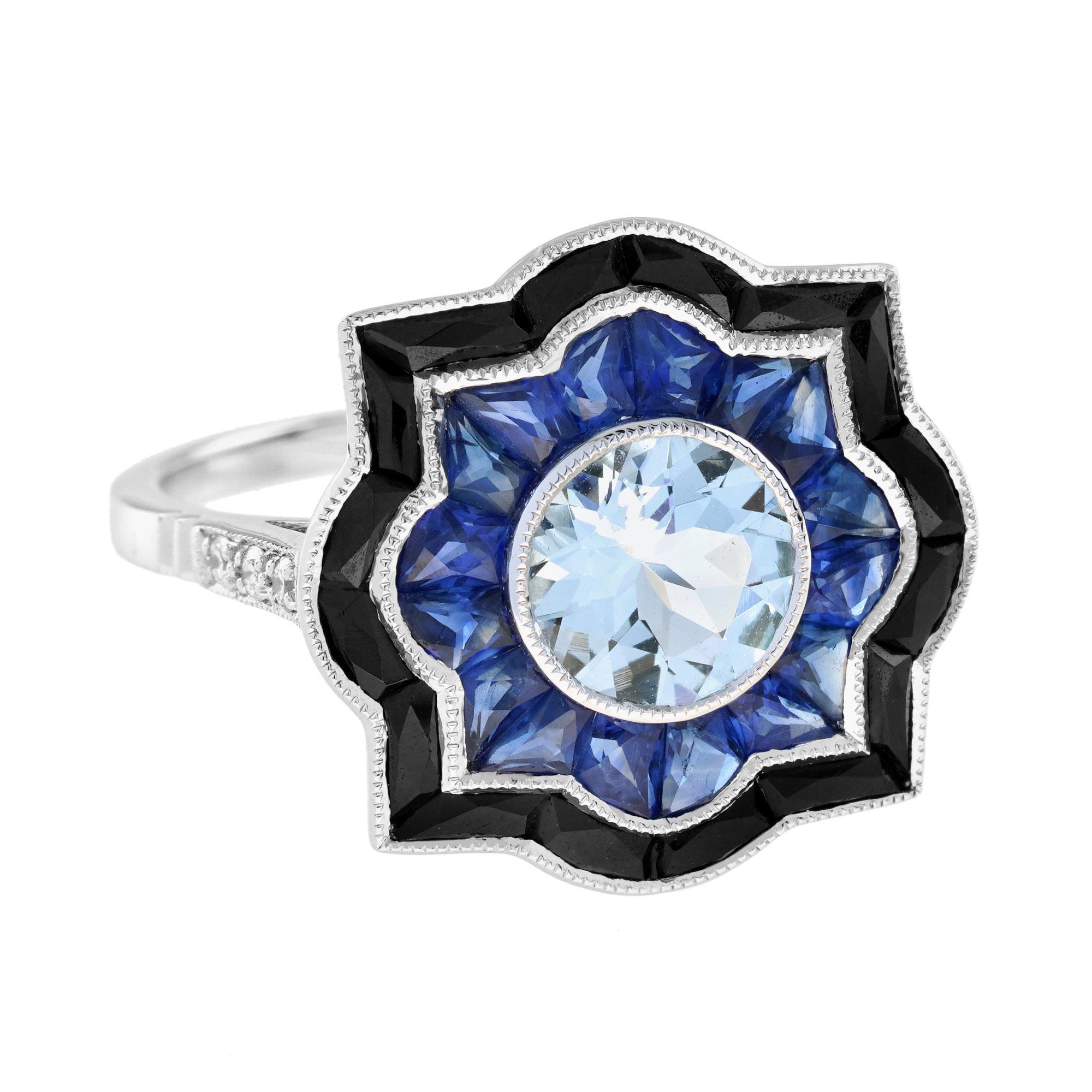 For Sale:  Aquamarine Sapphire Onyx Art Deco Style Target Engagement Ring in 18K White Gold 4