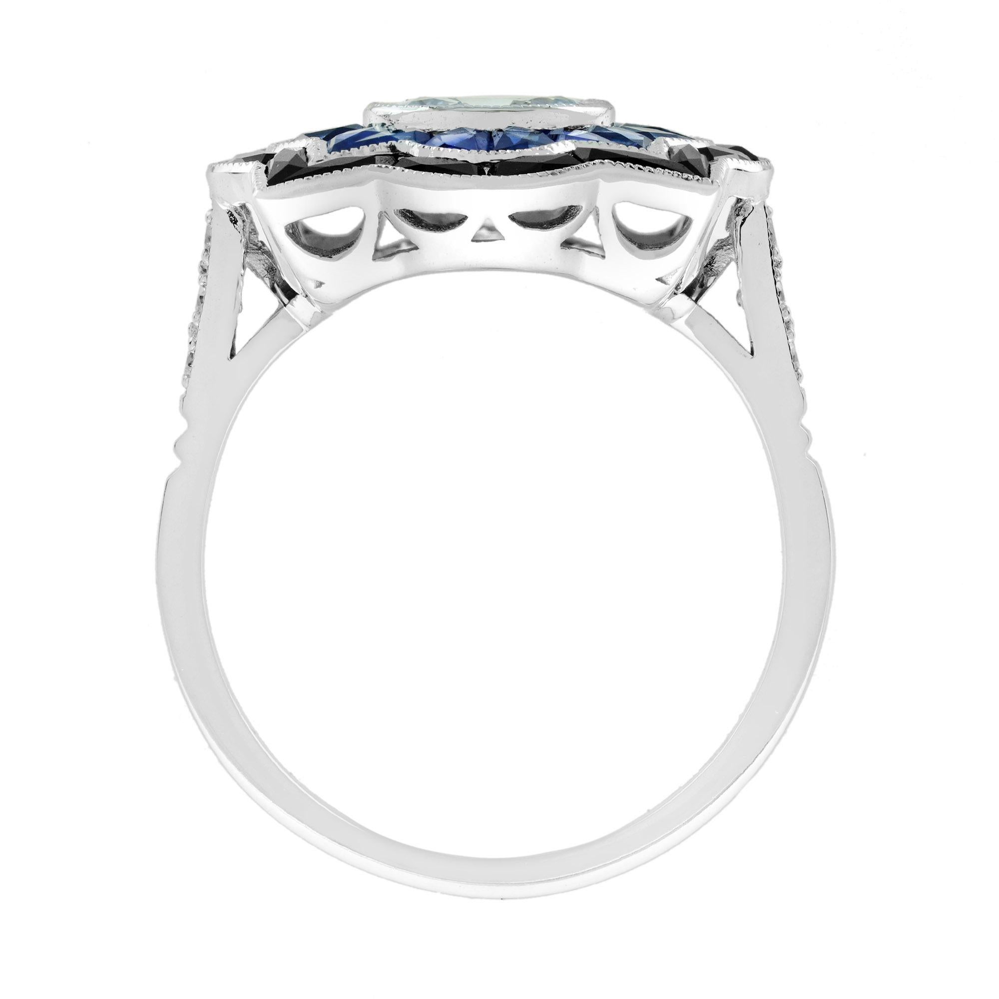 For Sale:  Aquamarine Sapphire Onyx Art Deco Style Target Engagement Ring in 18K White Gold 7