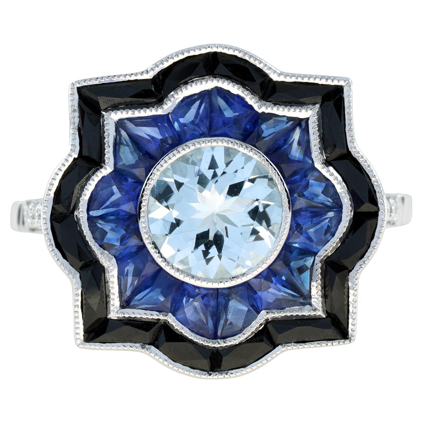 Aquamarine Sapphire Onyx Art Deco Style Target Engagement Ring in 18K White Gold