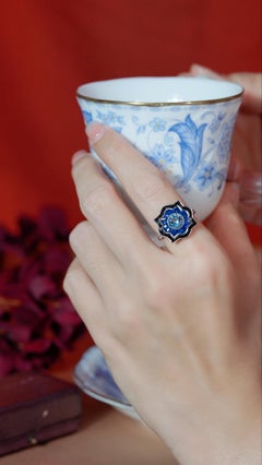 Aquamarine Sapphire Onyx Diamond Art Deco Style Scalloped Engagement Ring in 18K
