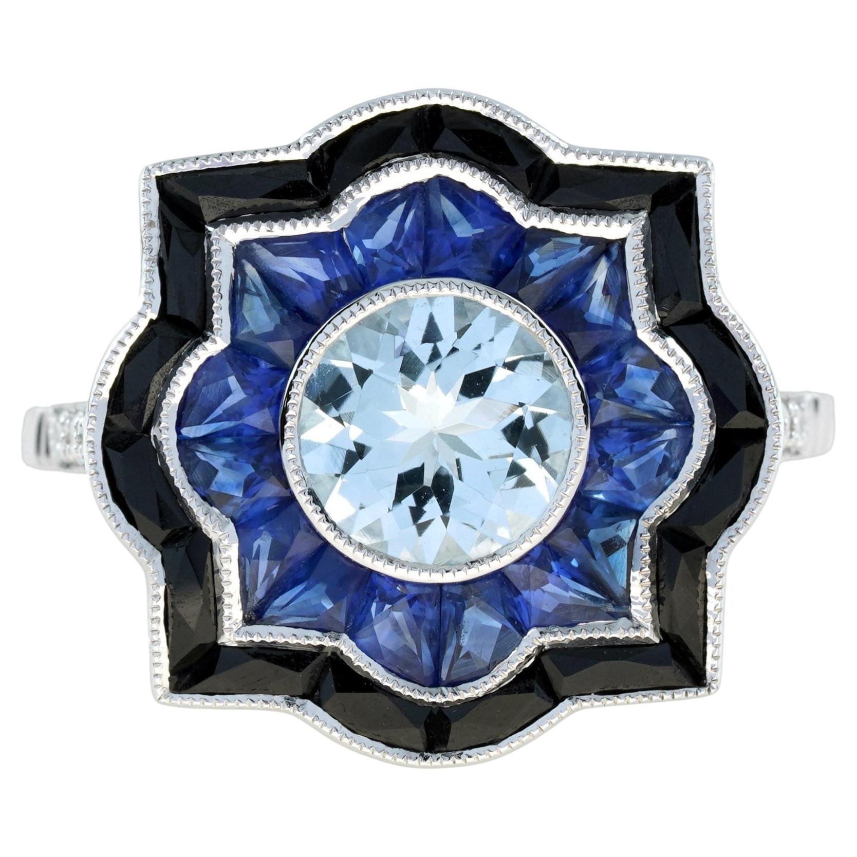 Aquamarine Sapphire Onyx Diamond Art Deco Style Scalloped Engagement Ring in 18K For Sale