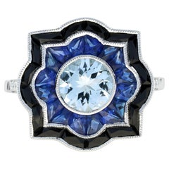 Aquamarine Sapphire Onyx Diamond Art Deco Style Scalloped Engagement Ring in 18K