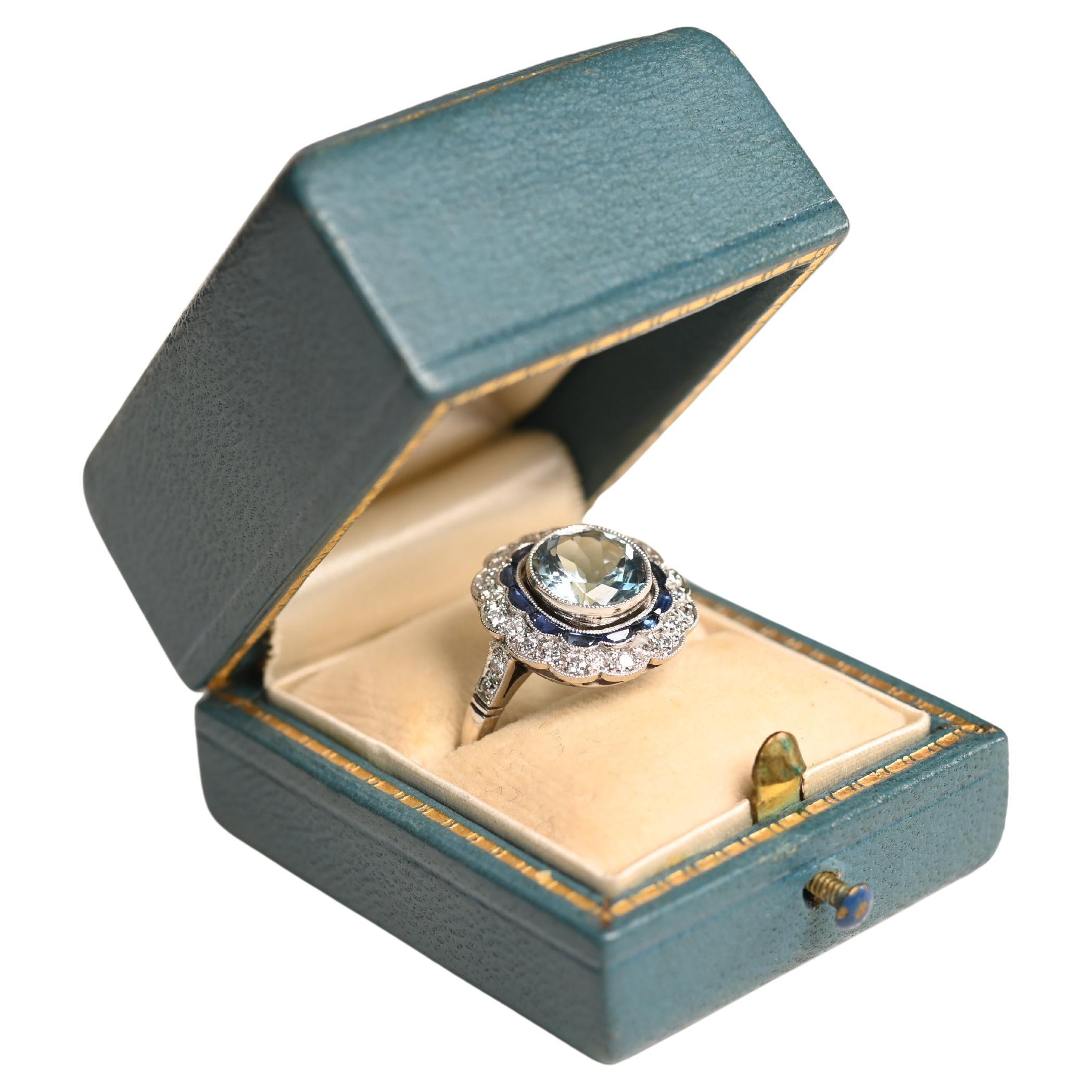 1.50 Carat Aquamarine Halo Ring. Sapphire Diamond Double Halo Ring Platinum
