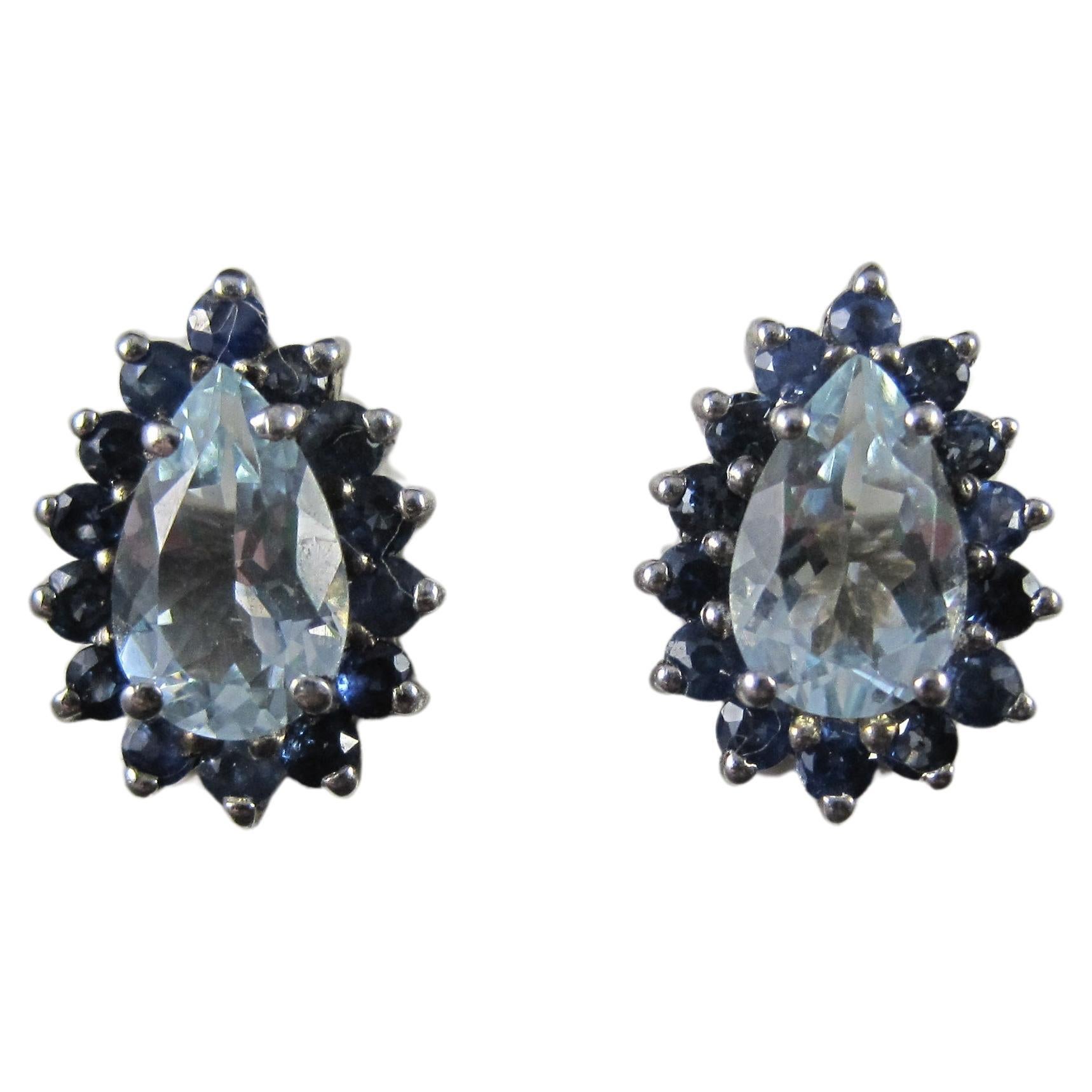 Aquamarine Sapphire Teardrop Stud Earrings Sterling Silver For Sale