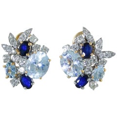 Aquamarine Sapphires Diamonds Rose and White Gold Earrings