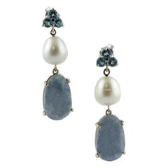 Aquamarine, Sapphires, Pearls, 14 Karat White and Yellow Gold Dangle Earrings