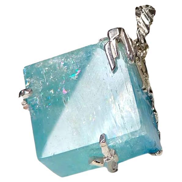 Aquamarine Silver Pendant Ice Cube Blue Beryl Natural Crystal Gemstone
