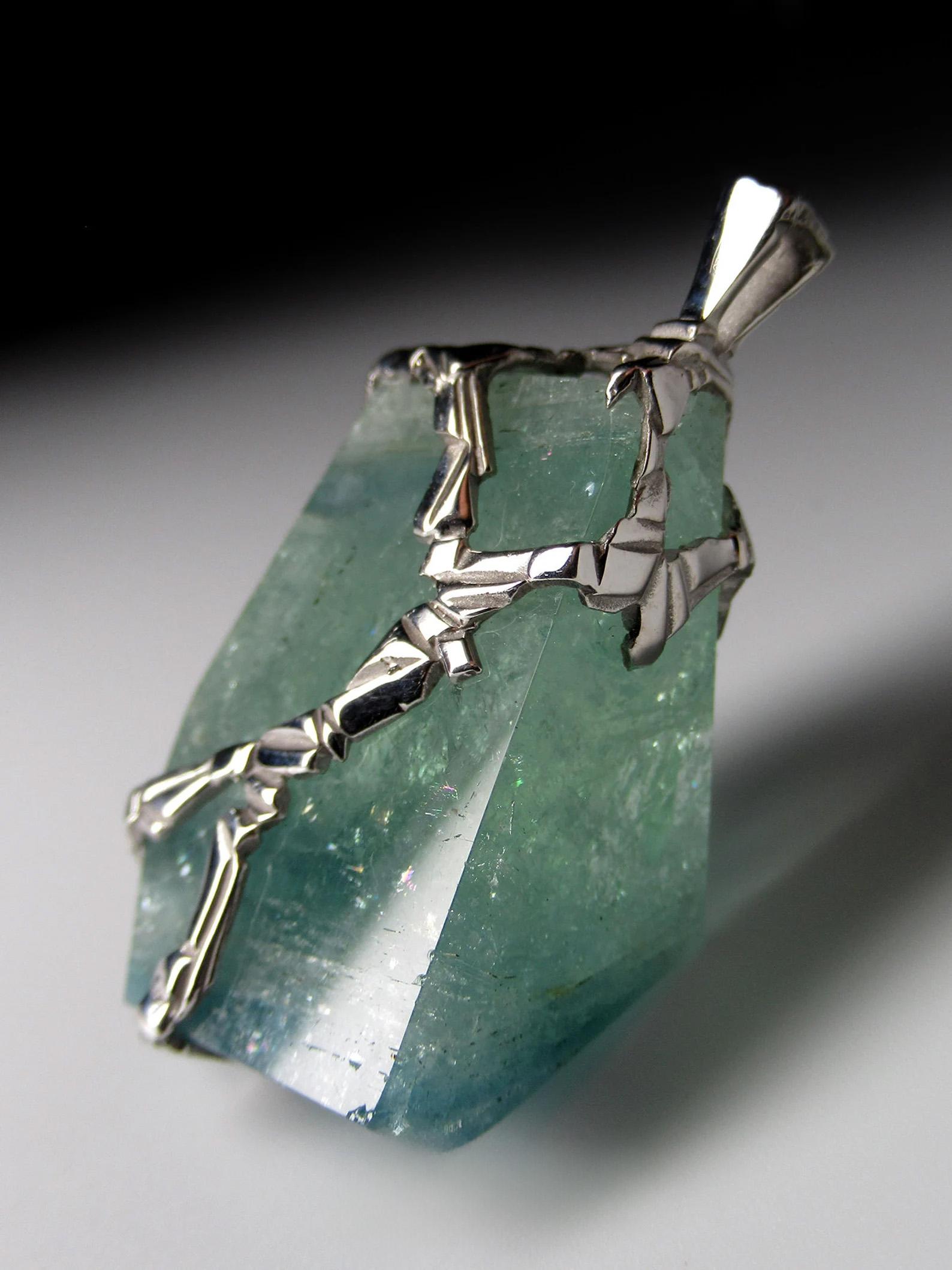 Artisan Aquamarine Silver Pendant Natural Blue Green Crystal Healing Unisex Necklace 