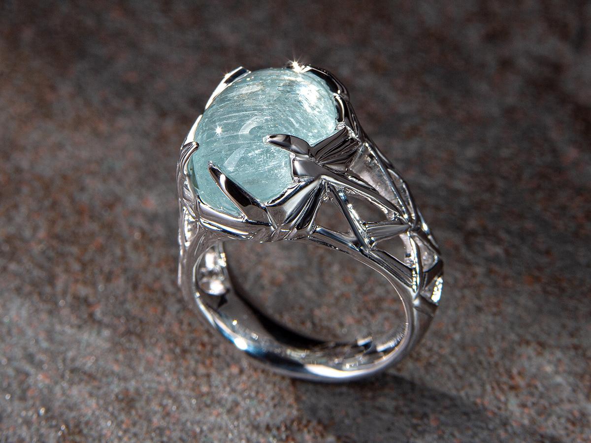 Aquamarine Silver Ring Light Blue Beryl Cabochon Unisex For Sale 4