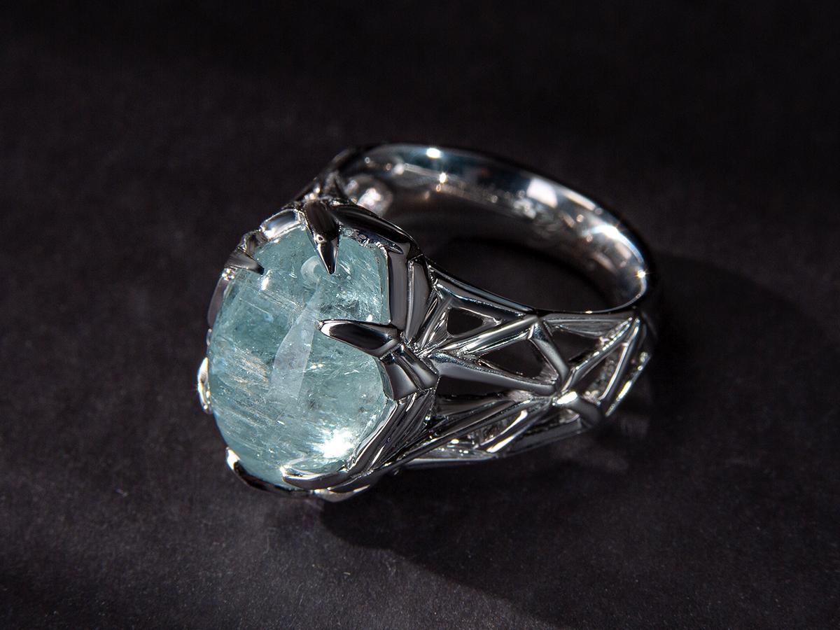 Aquamarine Silver Ring Light Blue Beryl Cabochon Unisex For Sale 6