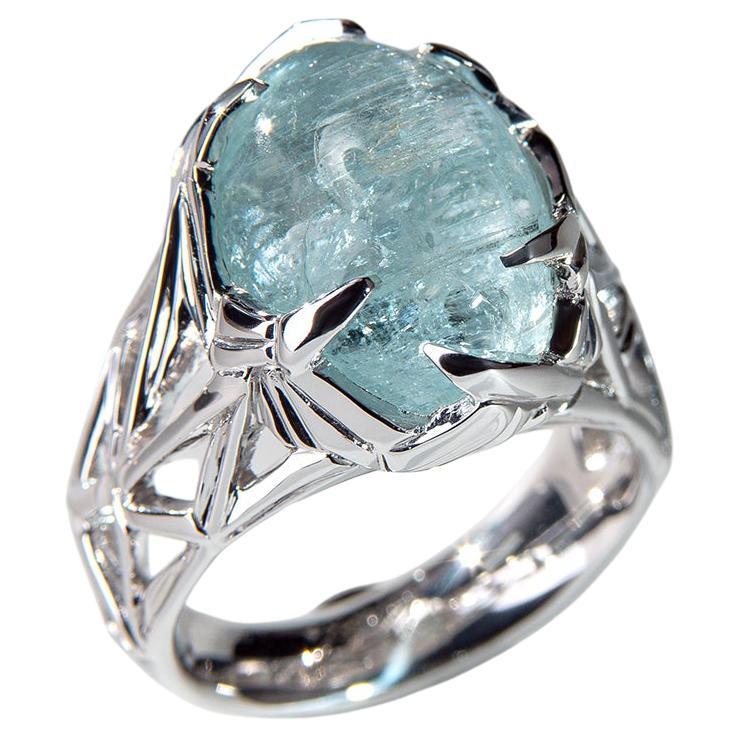 Aquamarine Silver Ring Light Blue Beryl Cabochon Unisex For Sale