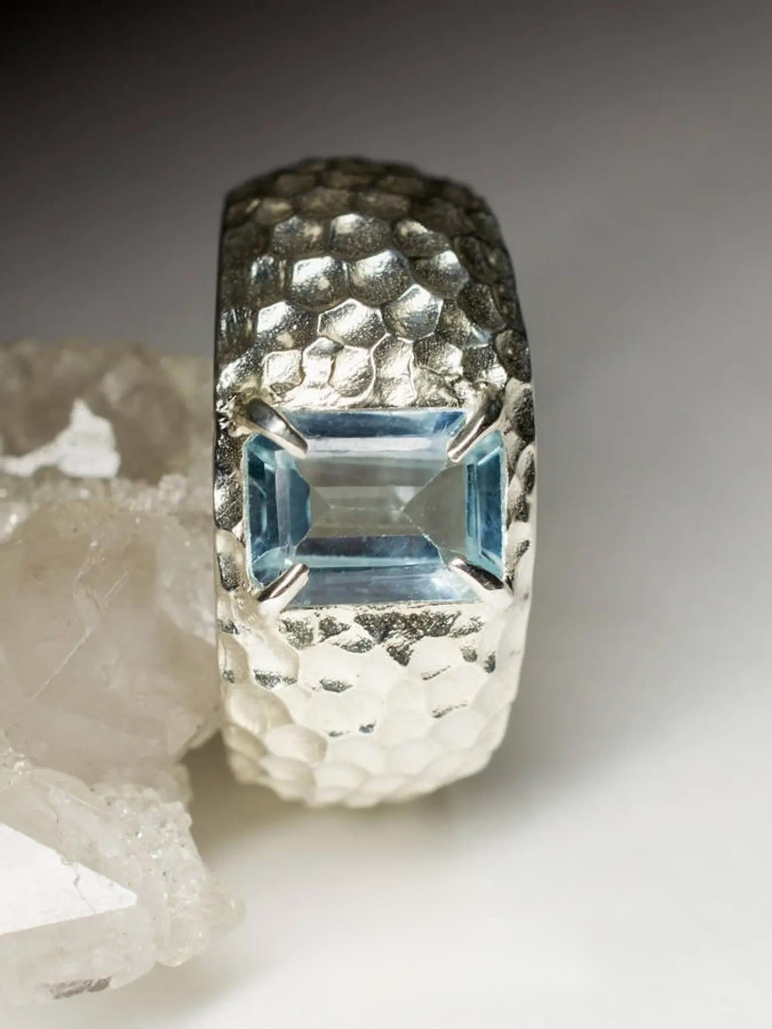 Aquamarin Silber Ring Natürliche Bio Blau Beryll Edelstein Weihnachten Gif (Achteckschliff) im Angebot