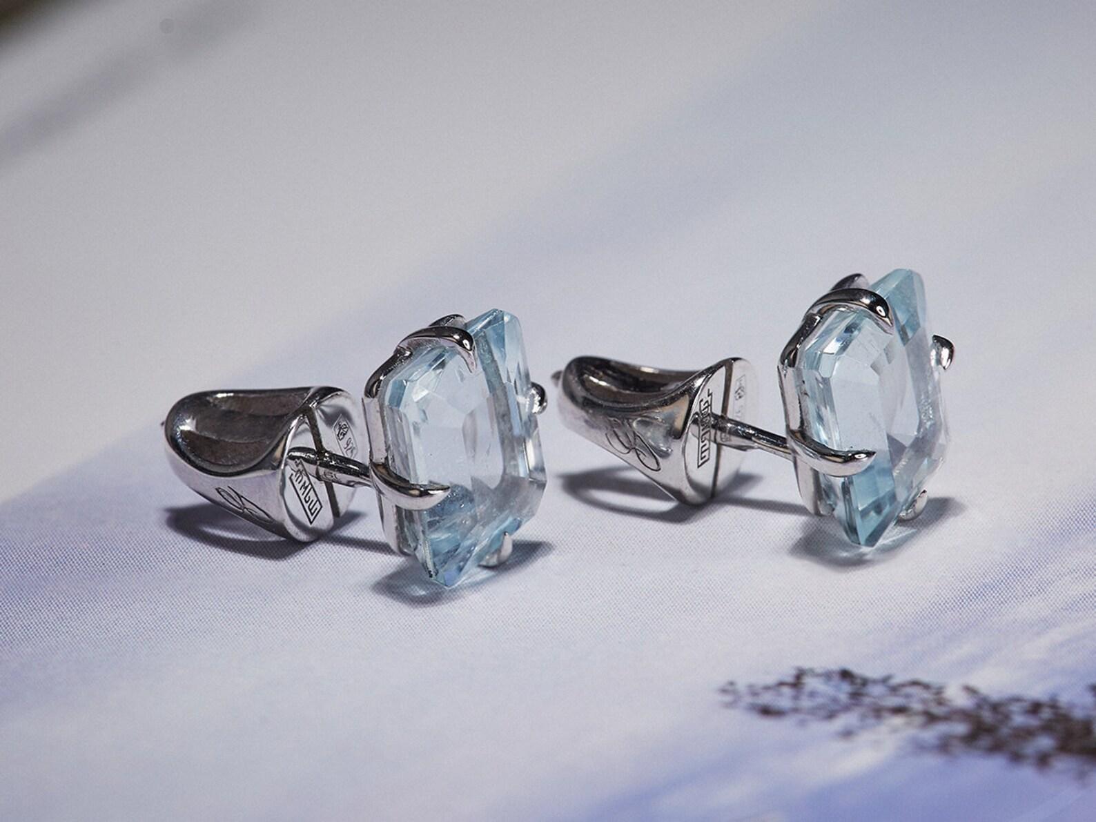 Aquamarine Silver Stud Earrings 4.2ct Classic Octagon Cut Blue Beryl Natural For Sale 3