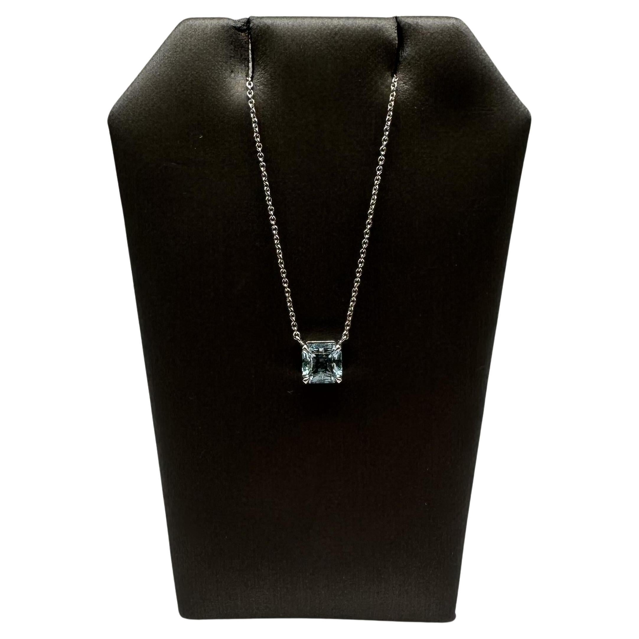 Aquamarine Solitaire Necklace in 14kt White Gold – 1.07ctw Square Radiant Cut