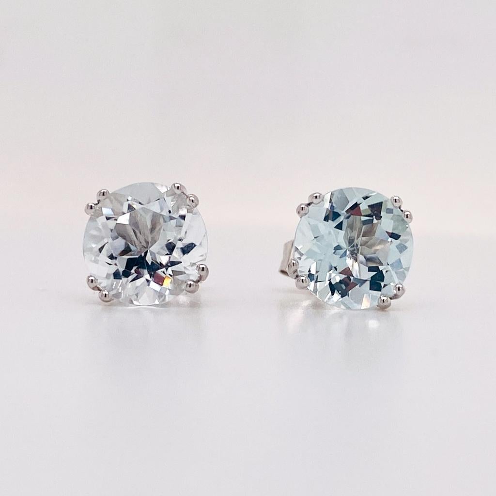 Contemporary Aquamarine Solitaire Round Studs 2.9 Carats 14K White Gold Aqua Earrings For Sale