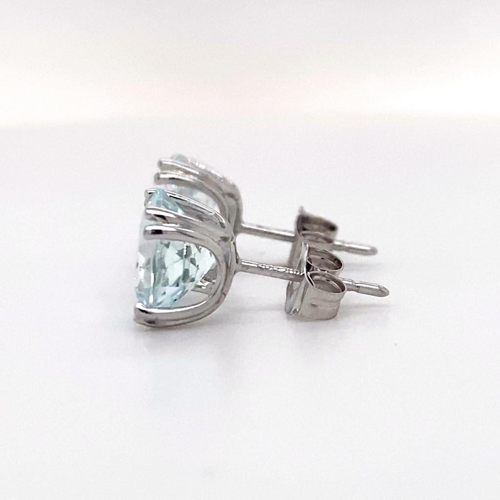 Aquamarine Solitaire Round Studs 2.9 Carats 14K White Gold Aqua Earrings In New Condition For Sale In Austin, TX