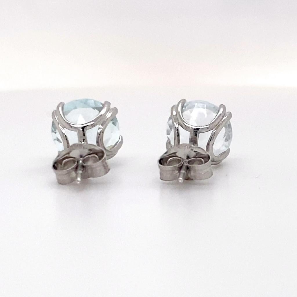 Women's Aquamarine Solitaire Round Studs 2.9 Carats 14K White Gold Aqua Earrings For Sale