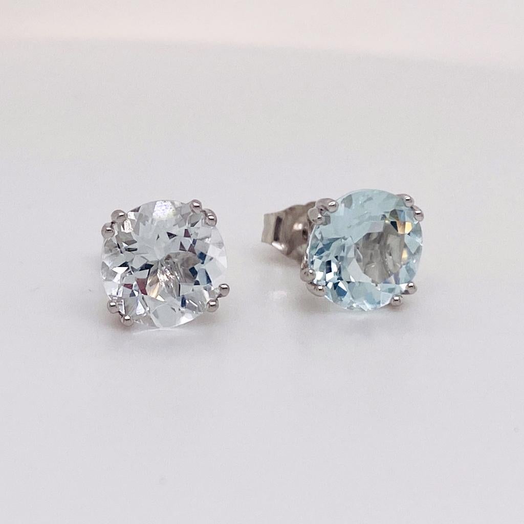 Aquamarine Solitaire Round Studs 2.9 Carats 14K White Gold Aqua Earrings For Sale 1