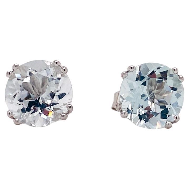 Aquamarine Solitaire Round Studs 2.9 Carats 14K White Gold Aqua Earrings For Sale