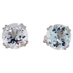 Clous d'oreilles solitaires ronds aigue-marine 2,9 carats or blanc 14 carats