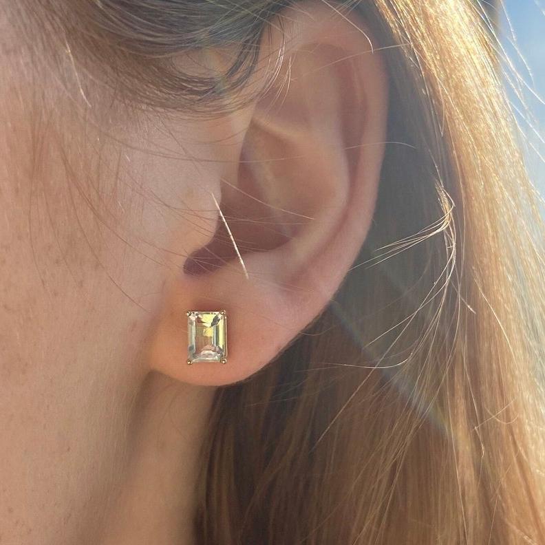 Aquamarine Solitaire Stud Earrings in Solid 14K Gold  Emerald cut 7x5mm For Sale 1