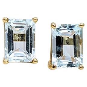 Aquamarine Solitaire Stud Earrings in Solid 14K Gold  Emerald cut 7x5mm
