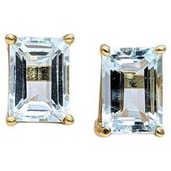 Aquamarin Solitär-Ohrstecker aus massivem 14K Gold  Smaragdschliff 7x5 mm