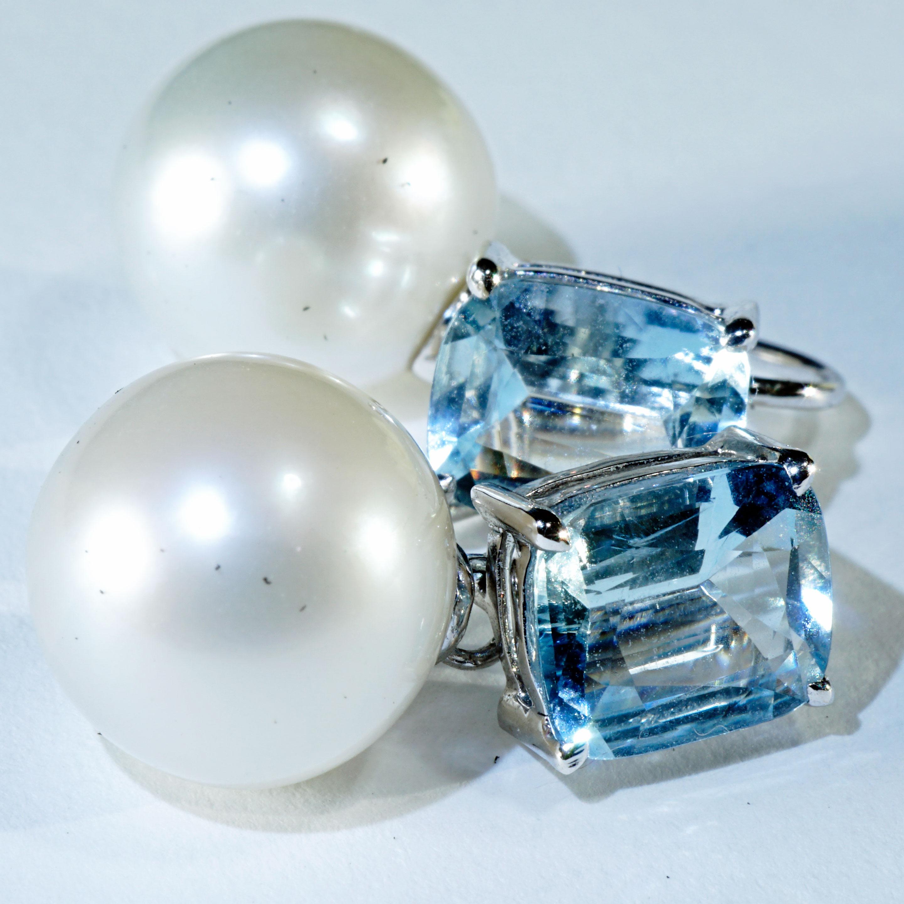 Pear Cut Aquamarine South Sea Earrings 3.19 ct AAA+ eye-clean Pearls can be removed