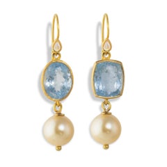 Ico & the Bird Aquamarine South Sea Pearl Diamond 22 Karat Gold Earrings