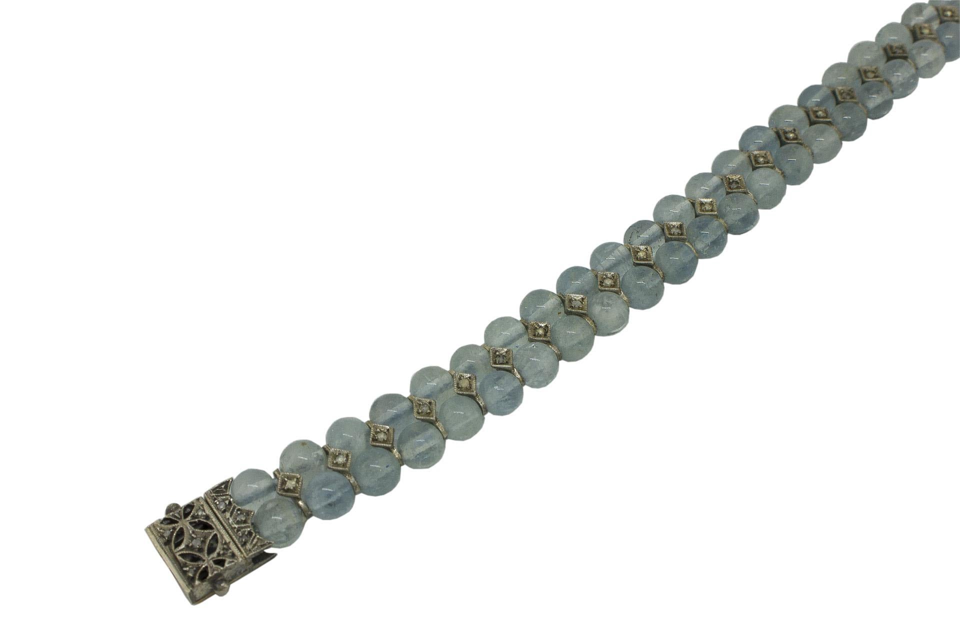 Retro Aquamarine Spheres Rose Cut Diamonds Rose Gold and Silver Link Bracelet