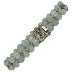 Vintage Aquamarine Spheres Rose Cut Diamonds Rose Gold and Silver Link Bracelet