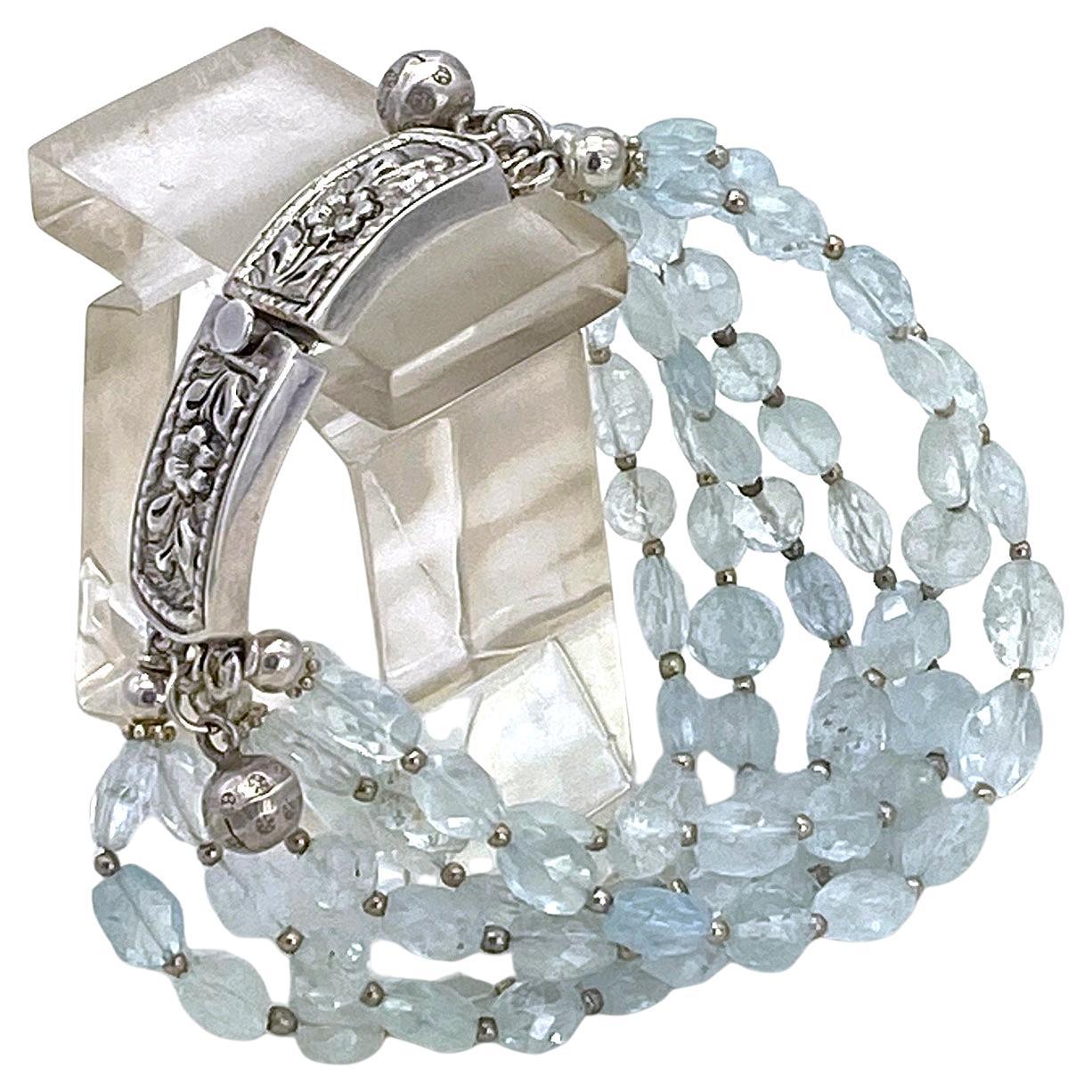 Bead Aquamarine & Sterling Muti-Strand Bracelet with Charm For Sale