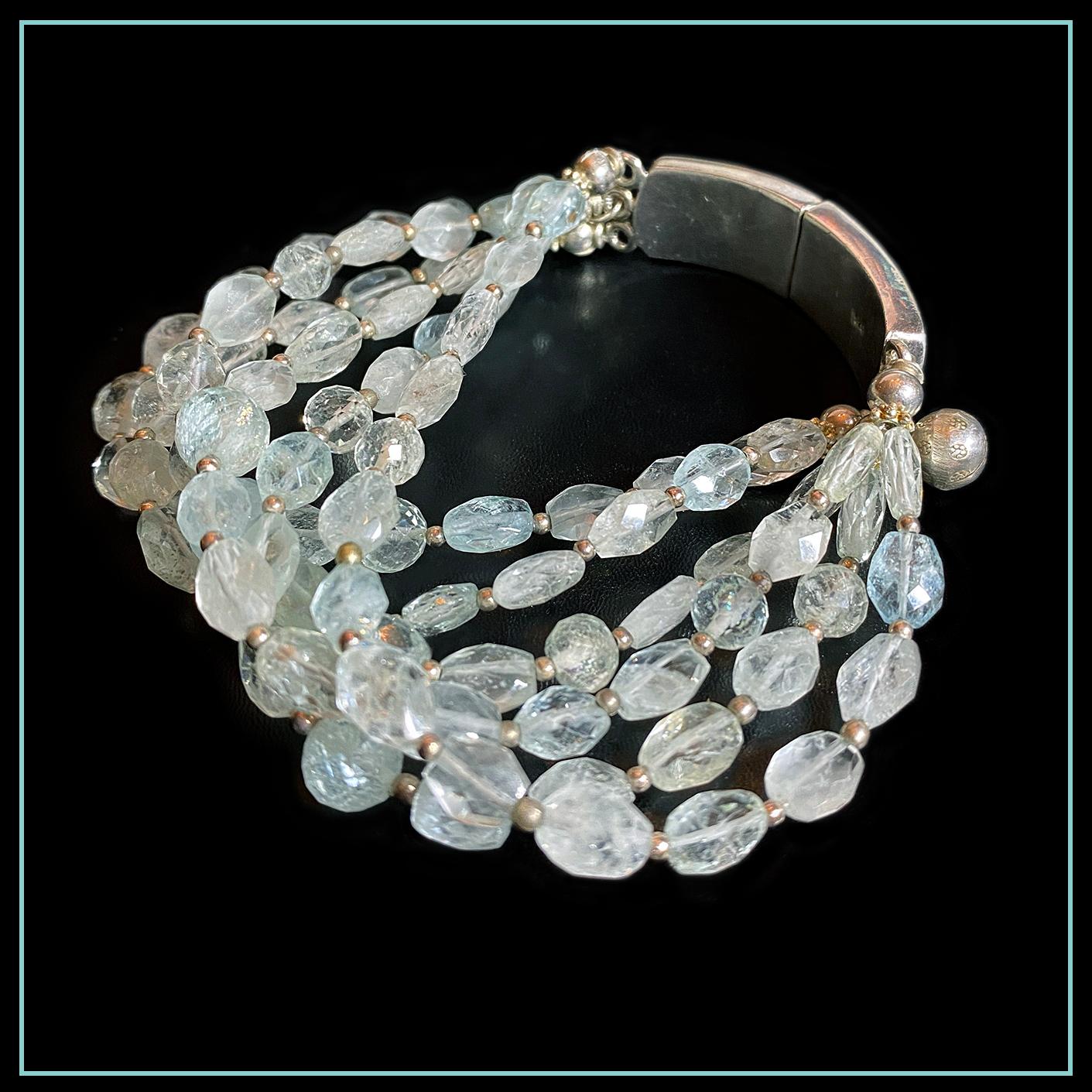 Aquamarine & Sterling Muti-Strand Bracelet with Charm In New Condition For Sale In Atlanta, GA
