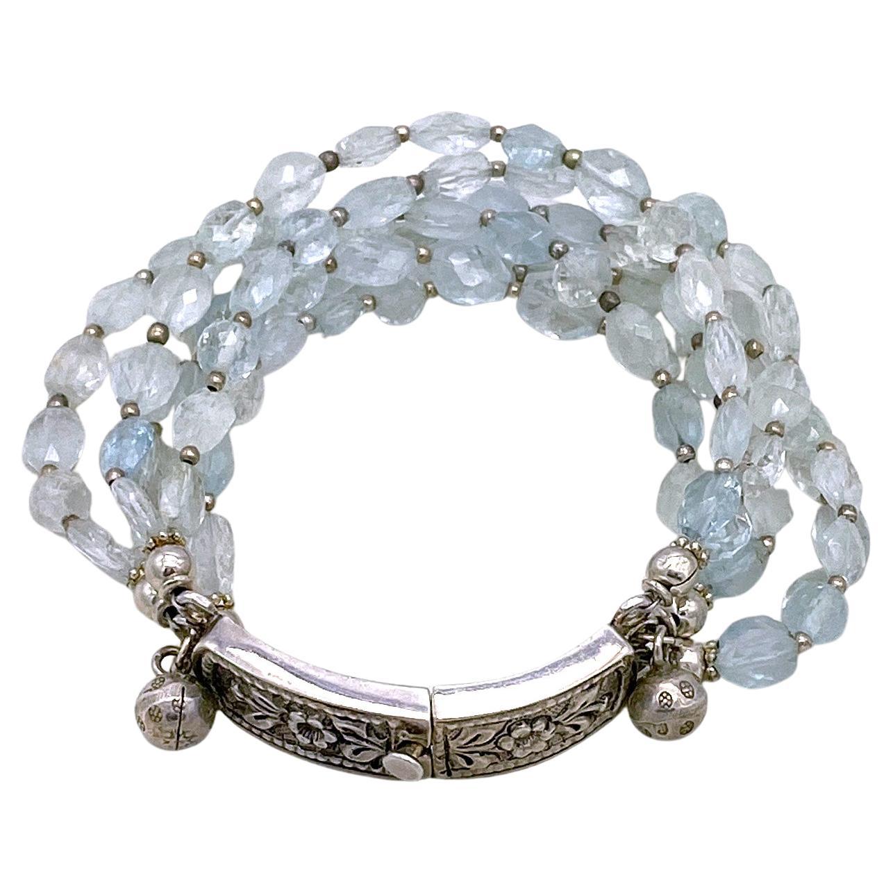 Women's Aquamarine & Sterling Muti-Strand Bracelet with Charm For Sale