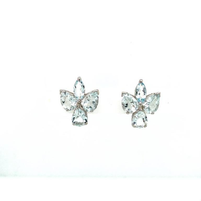 Mixed Cut Natural Aquamarine Gemstone Sterling Silver Leaf Stud Earrings For Sale