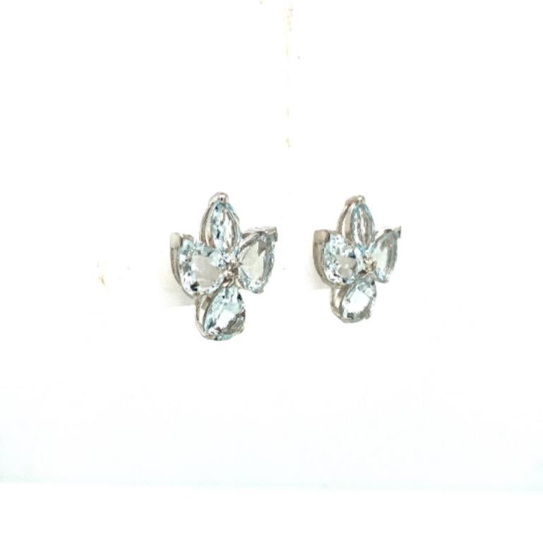 Natural Aquamarine Gemstone Sterling Silver Leaf Stud Earrings In New Condition For Sale In Houston, TX