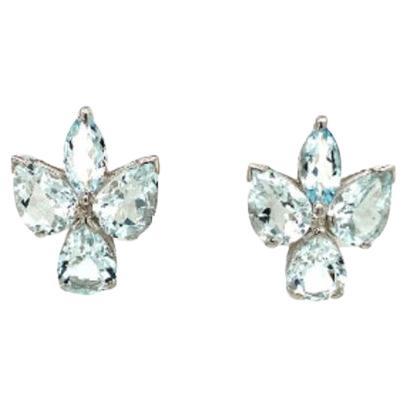 Natural Aquamarine Gemstone Sterling Silver Leaf Stud Earrings For Sale